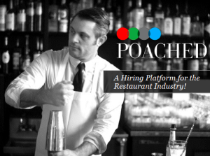 Poster, das ein Schwarz-Weiß-Foto eines Barkeepers mit dem Text "Poached: A Hiring Platform for the Restaurant Industry!" darauf."Poached: A Hiring Platform for the Restaurant Industry!" on it.