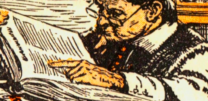 A sketched drawing of a man in a button down and tie, wearing glasses while reading a book.