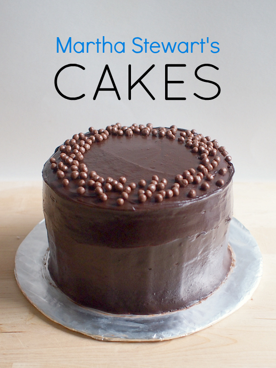 Photo of an elegant chocolate cake with the words &quot;Martha Stewart's Cakes&quot; printed above it.