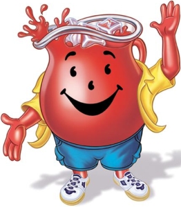 Una brocca gigante di kool-aid con una faccia felice.