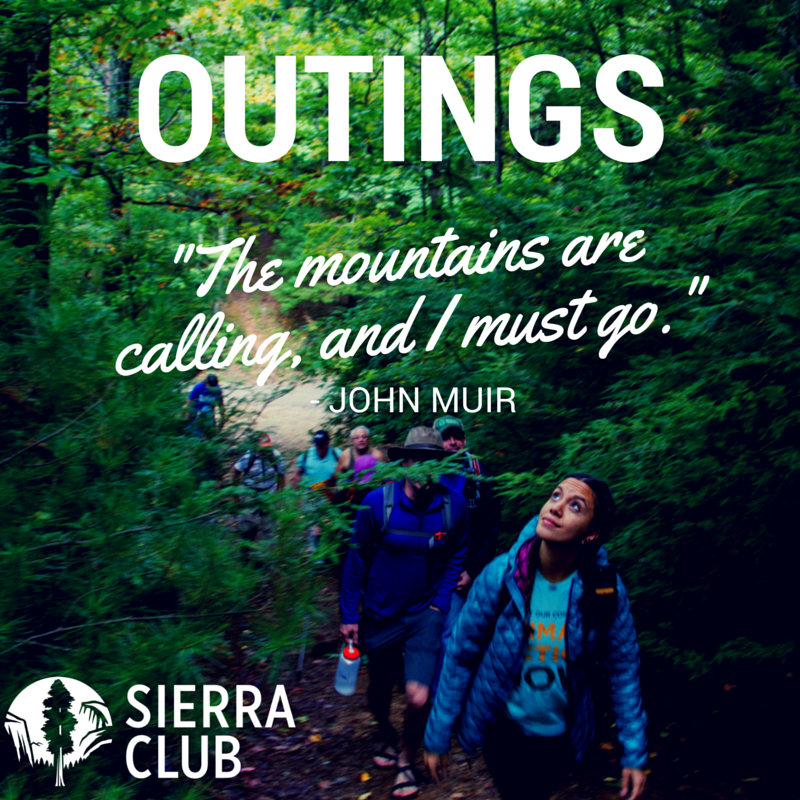 Een rij wandelaars die door een bos lopen. Uitstapjes. Sierra Club. Citaat van John Muir The mountains are calling, and I must go.