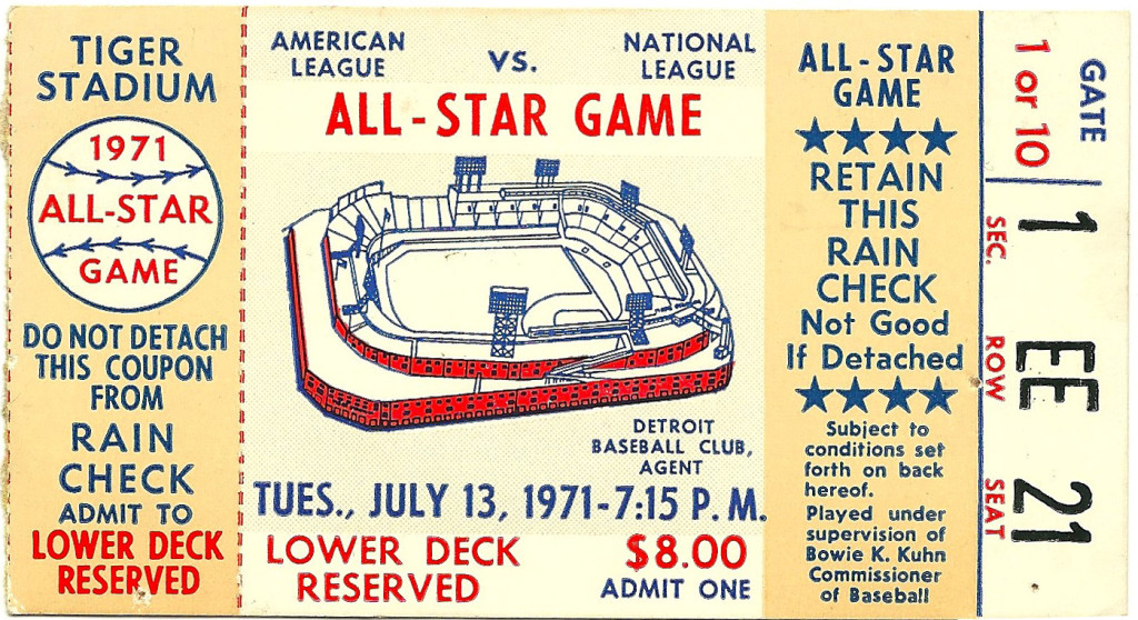 Ticket stub for the All-Star Baseball Game on Tues., July 14, 1971. "Lower Deck, Reserved." $8.00