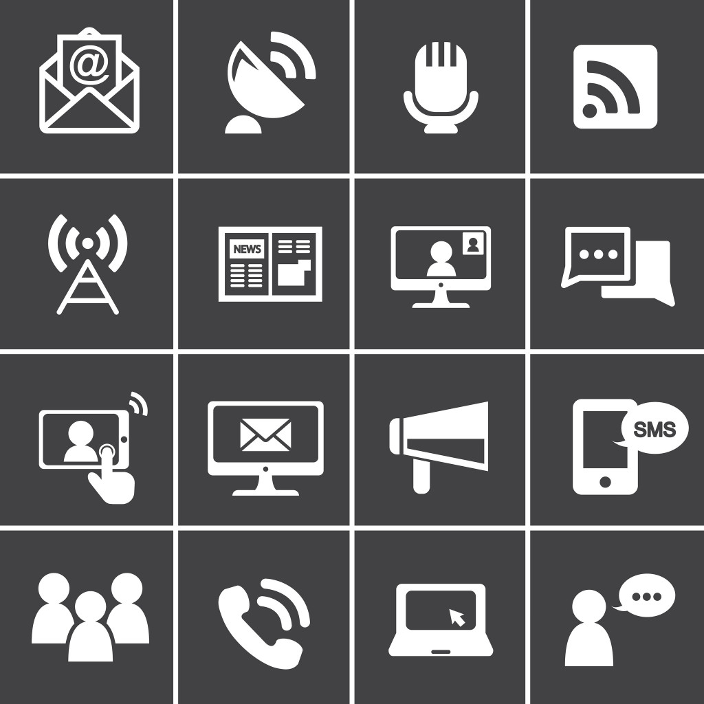 A series of icons representing social media. These include email, satellite, a microphone, a blogging logo, a broadcast tower, a newspaper, a video call, chat bubbles, a video being viewed on a phone, an email, a megaphone, a phone receiving a text, a group of three people, a ringing phone, a cursor clicking something on a screen, and a person speaking.