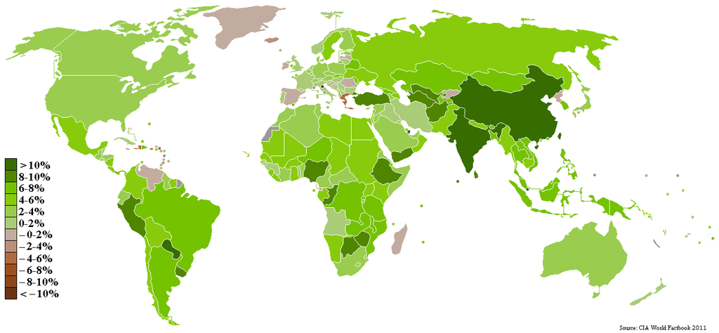 Map of the world with countries in different colors to indicate economic growth. Most countries, including the United States, fall in the 6-to-8% growth stage. A few countries, including China and India, are growing at more than 10%. Very few countries, including Greece at at negative growth.