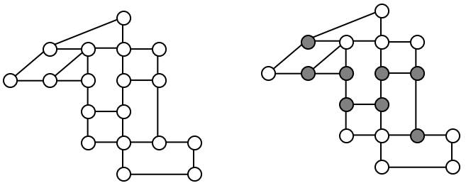 Graph with 25 edges and 18 vertices. Seven of the vertices have even degrees, eight of them have odd degrees.