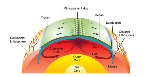 Seção transversal da terra. No centro da terra está o núcleo interno. Circundando isso é o núcleo externo e circundante que é o manto, que tem células de convecção. Na superfície está o oceano, sobre o qual está a crista mesoceânica