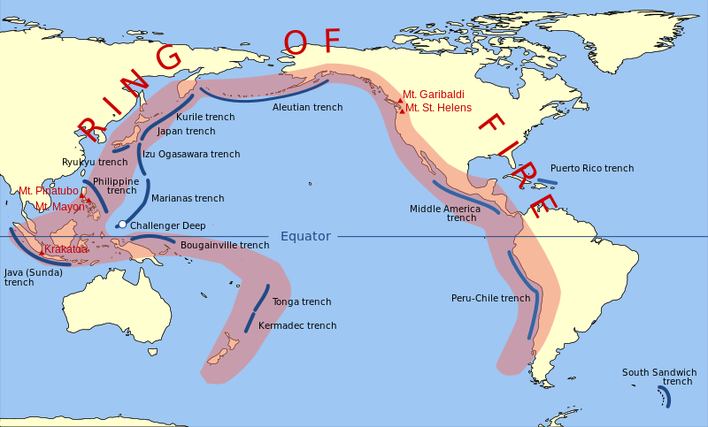 La ceinture de feu encercle les côtes de l'Amérique du Sud, de l'Amérique du Nord, de la Russie, du Japon et de l'Océanie. L'anneau de feu comprend ces tranchées : La tranchée Pérou-Chili, la tranchée de l'Amérique centrale, la tranchée des Aléoutiennes, la tranchée des Kouriles, la tranchée du Japon, la tranchée d'Izu Ogasawara, la tranchée des Ryukyu, la tranchée des Philippines, la tranchée des Mariannes (qui comprend le gouffre Challenger), la tranchée de Java (Sunda), la tranchée de Bougainville, la tranchée de Tonga et la tranchée de Kermadec.