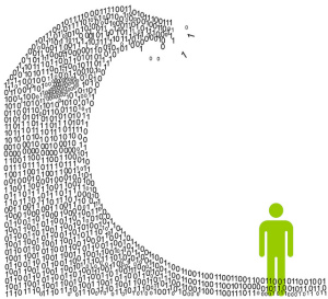 Silhouette of man being overtaken by wave made out of 1's and 0's