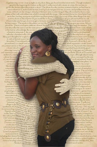 Woman being hugged by human form made of text