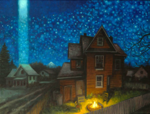 Painting of two houses at night. The brick one in front has a glowing fire outside it; the other in the background has a column of light reaching down from the sky to it.