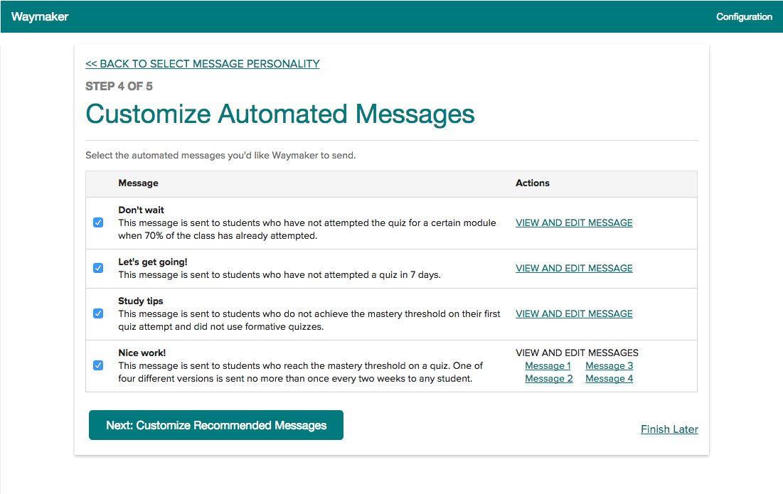 screenshot of waymaker automated message feature configuration