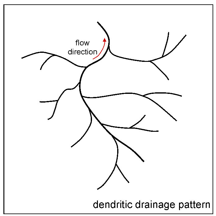Diagram of the drainage pattern described above.  The drainage pattern splits off into multiple sections, forming a natural looking pattern.