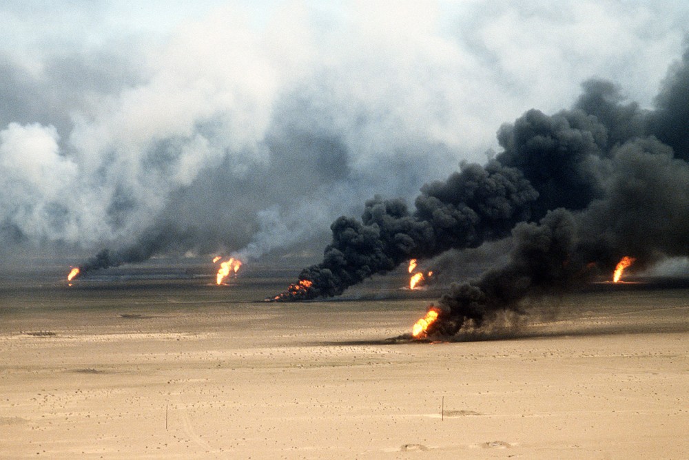 Oil wells on fire.