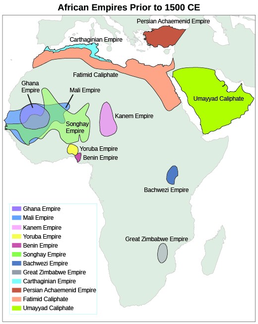 A map shows the locations of the major West African empires before 1492, including the Ghana Empire; Mali Empire; Kanem Empire; Yoruba Empire; Benin Empire; Songhay Empire; Bachwezi Empire; Great Zimbabwe Empire; Carthaginian Empire; Persian Achaemenid Empire; Fatimid Caliphate; and Umayyad Caliphate.