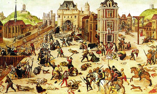 A painting shows French Catholic troops slaughtering French Protestant Calvinists in the streets of Paris.