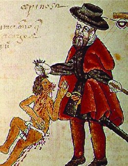 A drawing shows a Spaniard, wearing a beard and European clothing and holding a stick or sword, pulling the hair of a much smaller Indian who is wearing a loincloth and has blood flowing from his face and body.