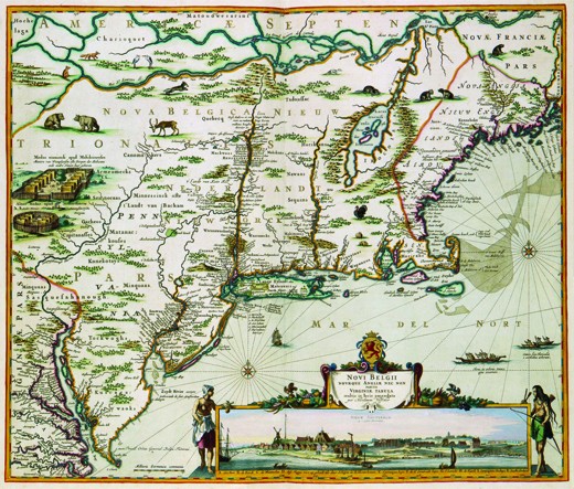 A 1684 map of New Netherland shows Dutch settlements in parts of present-day New Jersey, New York, Pennsylvania, Delaware, Maryland, and Connecticut.