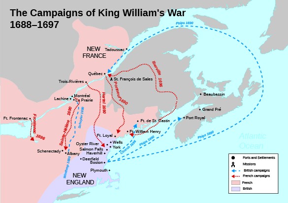 A map shows the campaigns of King William's War, as well as the French- and British-held areas, missions, forts, and settlements.