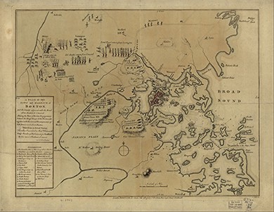 A 1779 map shows details of the British and Patriot troops at the beginning of the war, including British camps at Winter Hill, Roxbury Hill, and Water Town Hill.