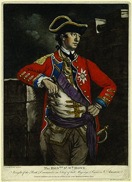 A portrait of General William Howe is shown. He wears a red military coat, a tricorner hat, and a sword.