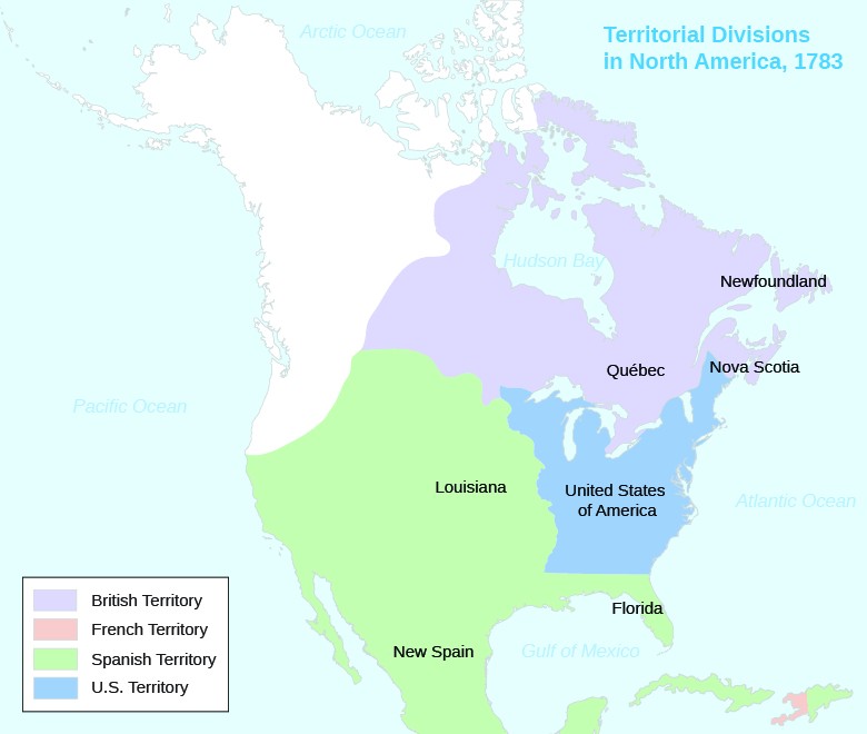 A map shows the territorial divisions in North America in 1783. British, French, Spanish, and U.S. Territory are shaded. Louisiana, Florida, and New Spain are labeled within Spanish Territory, which includes most of the present-day U.S. west of the Mississippi as well as Mexico and Central America. Quebec, Newfoundland, and Nova Scotia are labeled within British Territory, which includes much of present-day Canada. The United States of America is labeled within U.S. Territory, which is bordered on the west by the Mississippi River. French Territory is limited to present-day Haiti.