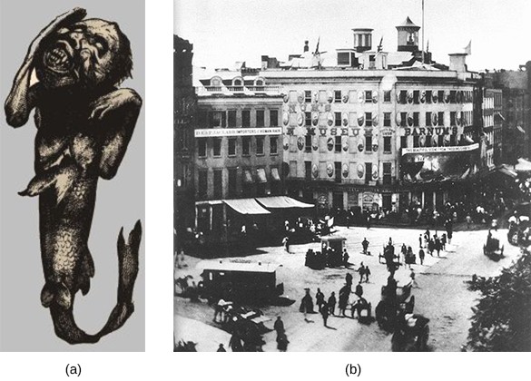 Illustration (a) depicts a creature with the head and upper torso of a young monkey and the bottom half of a fish. Photograph (b) shows crowds of people surrounding P. T. Barnum's American Museum in New York City