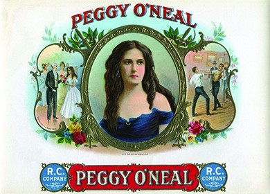 A cigar-box lid shows a portrait of Peggy O'Neal at the center; she is shown as a young and attractive woman in a low-cut dress. On the left, Andrew Jackson presents O'Neal with flowers. On the right, two men fight a duel for her. Labels reading 