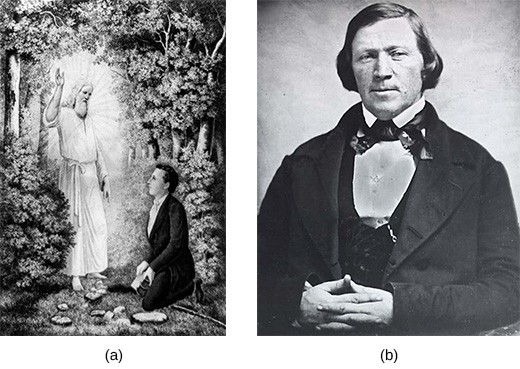 Illustration (a) depicts a wooded clearing in which a bearded, white-robed angel delivers the Book of Mormon to Joseph Smith, who kneels at the angel's feet in a dark suit. Photograph (b) is a portrait of Joseph Smith.