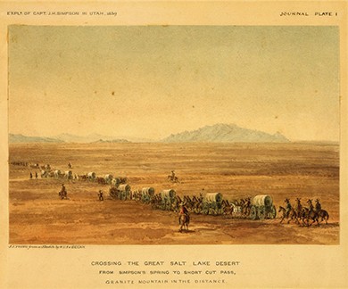 A drawing shows a long line of covered wagons crossing the desert, with several men mounted on horses riding on each side. The text reads, 