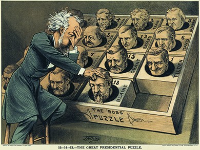 A cartoon shows Roscoe Conkling playing a popular puzzle game of the day with the heads of potential Republican presidential candidates. The caption reads 