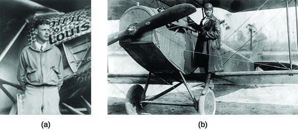 Photograph (a) shows Charles Lindbergh standing in front of a plane labeled “Spirit of St. Louis.” Photograph (b) shows Bessie Coleman posing on the wheel of a plane.