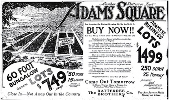 An advertisement shows a bird's-eye drawing of large land tracts in Los Angeles, with the city spread out in the distance. The text contains information about the potential real estate opportunity, as well as large-print slogans, entreating potential customers to 