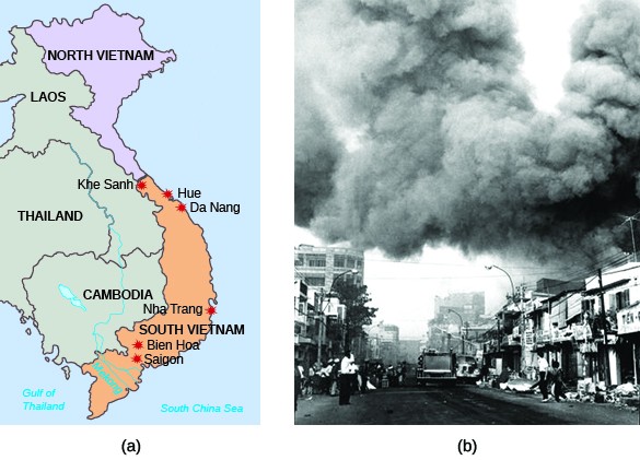 Map (a) shows Southeast Asia, with labels for North Vietnam, Laos, Thailand, Cambodia, and South Vietnam, as well as Khe Sanh, Hue, Da Nang, Nha Trang, Bien Hoa, and Saigon. Photograph (b) shows a Saigon street with massive plumes of black smoke rising above it.