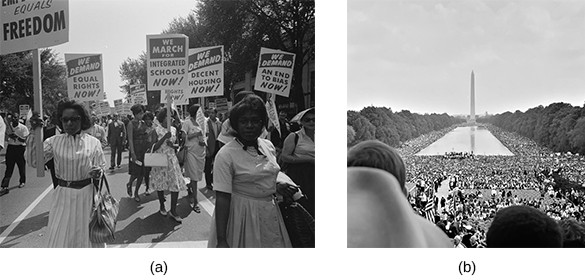 Photograph (a) shows a group of African American protesters marching in the street, carrying signs that read “We demand equal rights NOW!”; “We march for integrated schools NOW!”; “We demand equal housing NOW!”; and “We demand an end to bias NOW!” Photograph (b) shows a massive crowd gathered on the National Mall during the March on Washington.