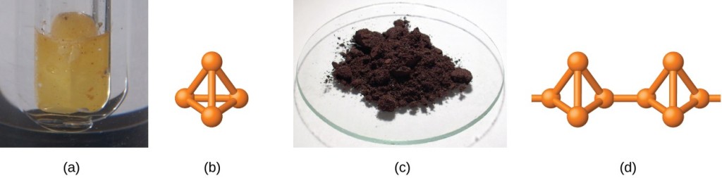 Two photos and two diagrams are shown and labeled “a,” “b,” “c,” and “d.” Photo a shows a test tube that contains a solid yellow compound. Diagram b shows a four-sided pyramid shape that has an atom at each corner. Photo c shows a dark black powder in a watch glass. Diagram d shows two four-sided pyramid shapes that have an atom at each corner and are connected together by a single bond.