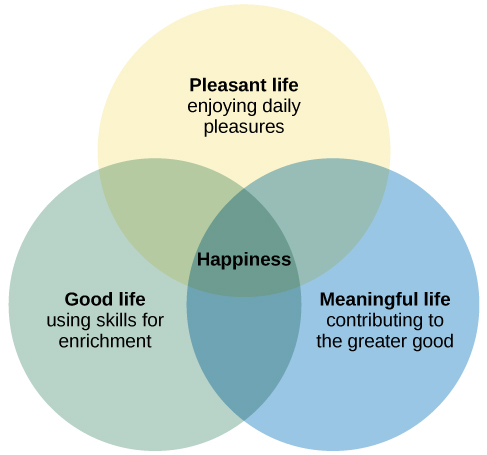 A Venn diagram features three circles: one labeled “Good life: using skills for enrichment,” one labeled “Pleasant life: enjoying daily pleasures,” and another labeled: Meaningful life: contributing to the greater good.” All three circles overlap at a section labeled “Happiness.”