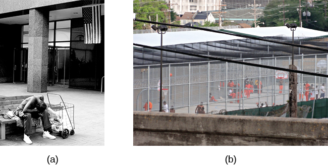 Photograph A shows a person sitting on a bench slumped over. In the background an American flag hangs vertically. Photograph B shows a prison yard from afar. There are several people gathered around a basketball court.