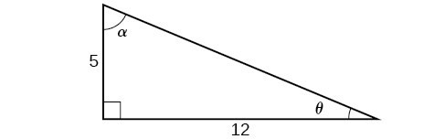 Image of a right triangle. The base is length 12, and the height is length 5. The angle between the base and the height is 90 degrees, the angle between the base and the hypotenuse is theta, and the angle between the height and the hypotenuse is alpha degrees.