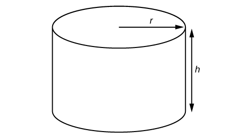 A right circular cylinder with an arrow extending from the center of the top circle outward to the edge, labeled: r. Another arrow beside the image going from top to bottom, labeled: h.