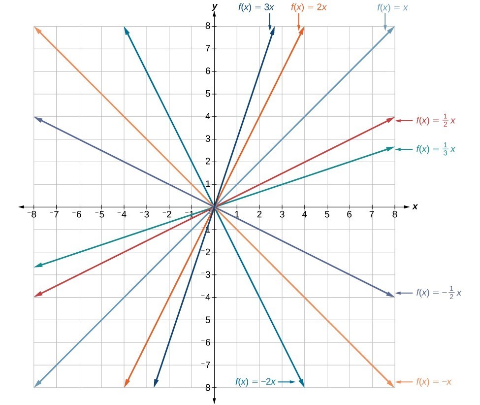 Graph with several linear functions including y = 3x, y = 2x, y = x, y = (1/2)x, y = (1/3)x, y = (-1/2)x, y = -x, and y = -2x