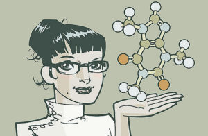 Drawing of a woman holding a molecule model on her palm.