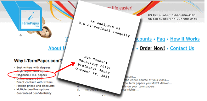 Picture showing a sample student paper on "An Analysis of U.S. Educational Inequality" and a term paper website with links to "Order Now" for a "Plagiarism-FREE paper"