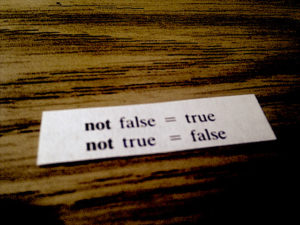 Fortune cookie slip reading "not false = true / not true = false"