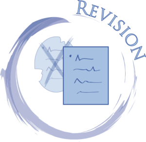 Drawing: Revision written on top left of a circle, containing an oval piece of text with an "x" over it, and a rectangular piece of text on top of it.