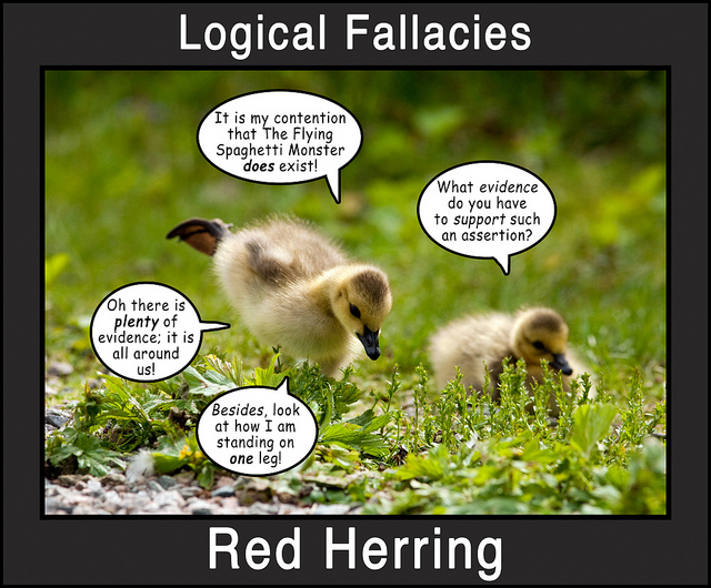 Picture of two ducklings, labeled Red Herring. In dialogue bubbles: It is my contention that The Flying Spaghetti Monster does exist! / What evidence do you have to support such an assertion? / Oh there is plenty of evidence; it is all around us! Besides, look at how I am standing on one leg!