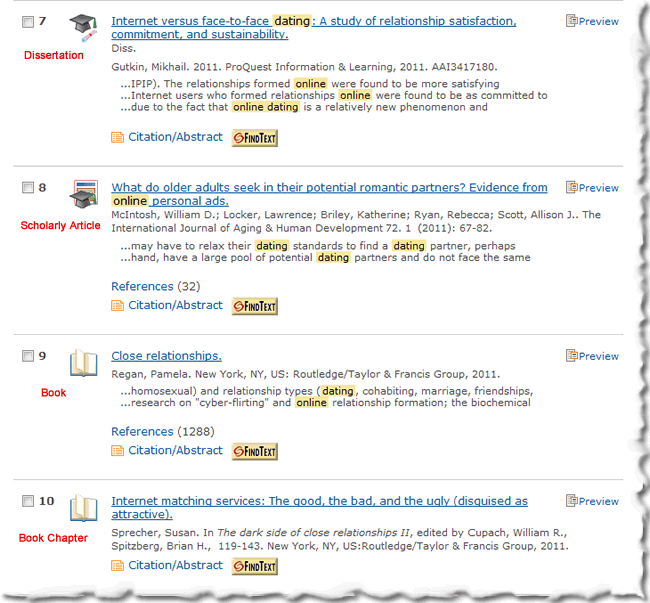 Search results from a database showing a dissertation, scholarly article, book, and book chapter, highlighting the variety of results you can find through a single database search.