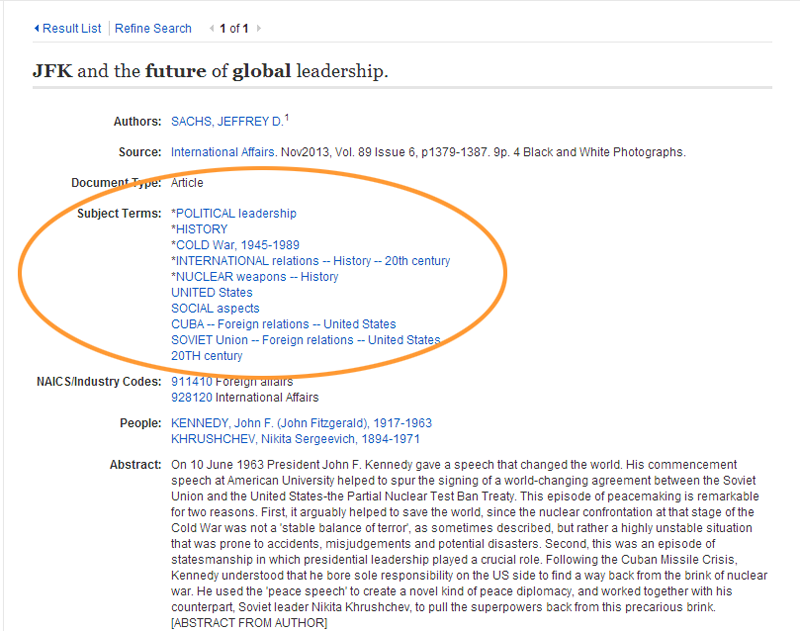 Screenshot of a database search result, showing the "subject terms" section, which is listed among the "authors", "source", "document type", "NAICS/Industry codes", "people", and "abstract" sections.
