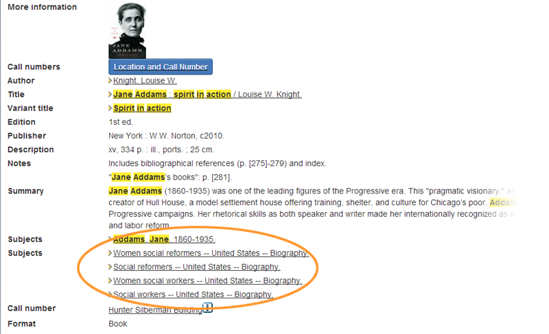 screenshot highlighting search results that list related subjects, ex., "Addams, Jane 1860-1935," and "Women social reformers -- United States -- Biography"