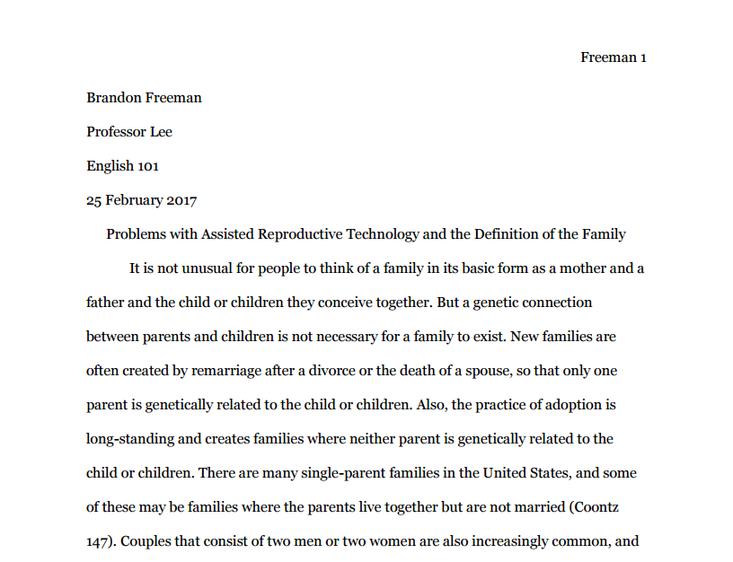 Sample MLA paper showing the student last name and page number in the top right corner. In the top left corner is the student's name (Brandon Freeman), the instructor name (Professor Lee), the course name (English 101), and the date (25 February 2017). All pieces of information are on separate lines. The title is shown with a partial indent, and the first line of the first paragraph is fully indented.