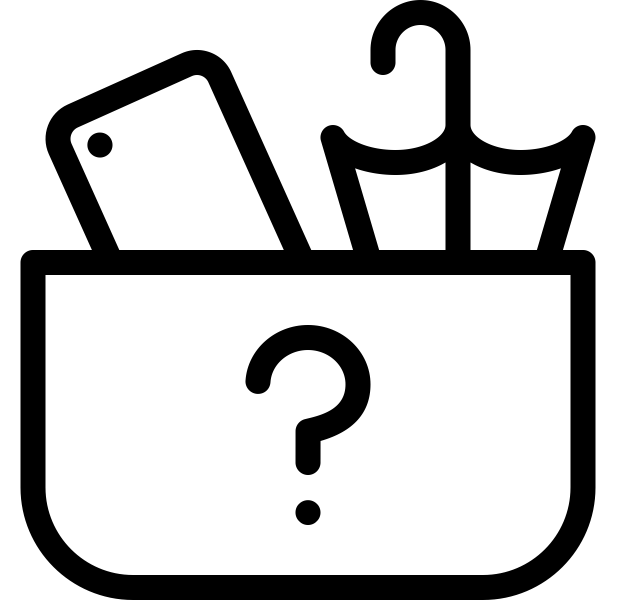 a bin with a question mark on it. the bin contains a phone and an umbrella. Bin, Phone, and Umbrella are all examples of nouns.